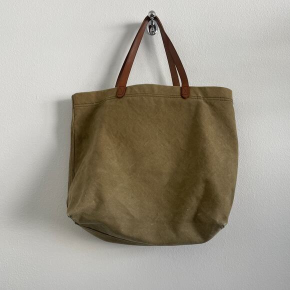 Madewell The Canvas Transport Tote Olive Green Brown Leather Utility School - Picture 1 of 9